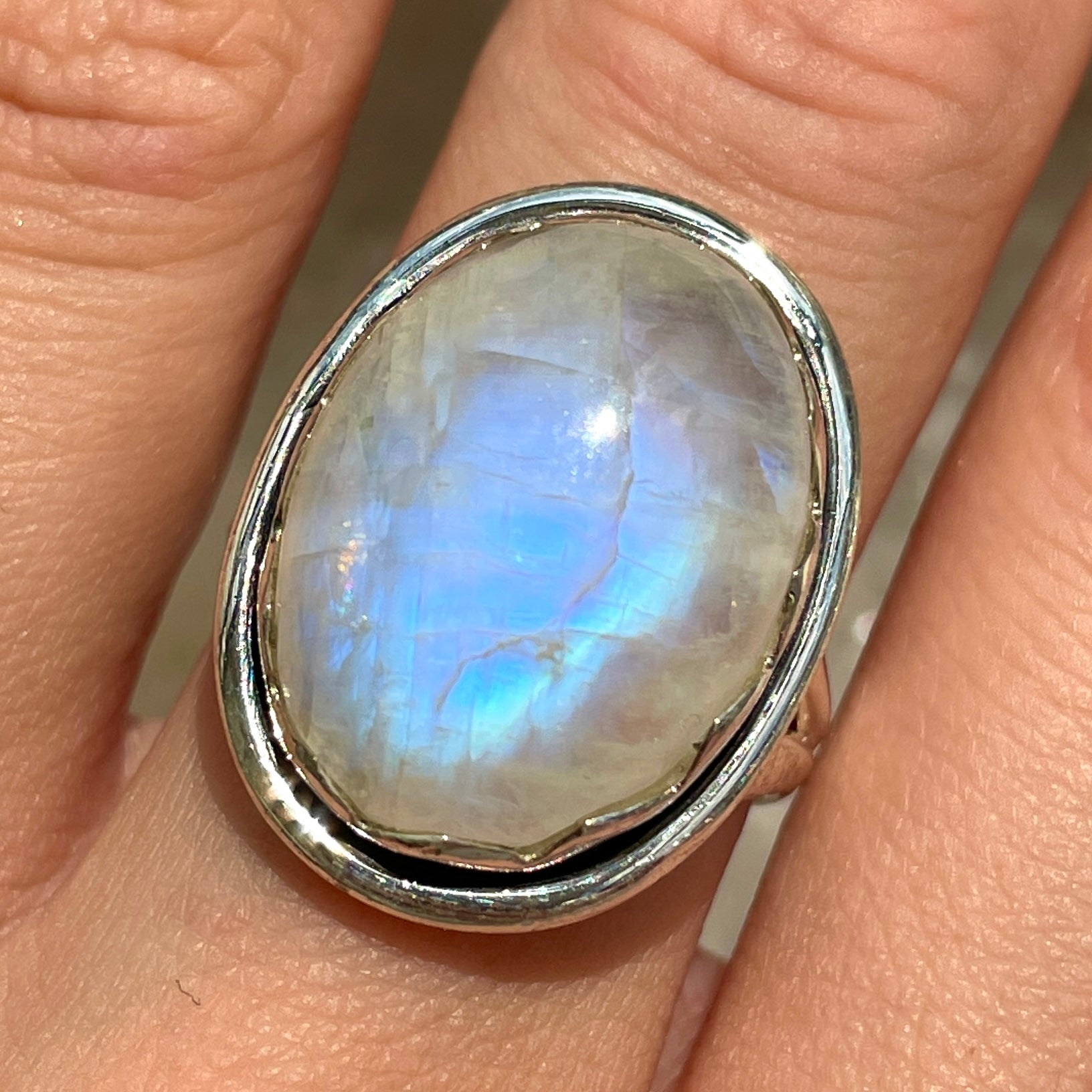 Rainbow Moonstone St. Silver Ring - Sz7 RM12 Rainbow Moonstone St. Silver Ring - Sz7 RM12